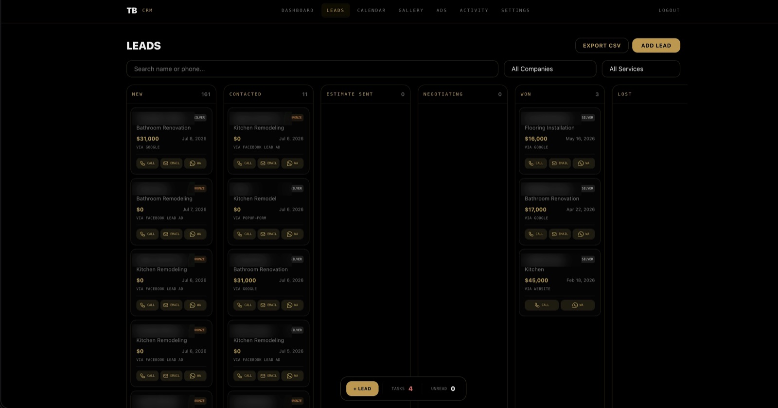The real TB Construction lead board: pipeline columns from New to Won, with lead values and ad sources